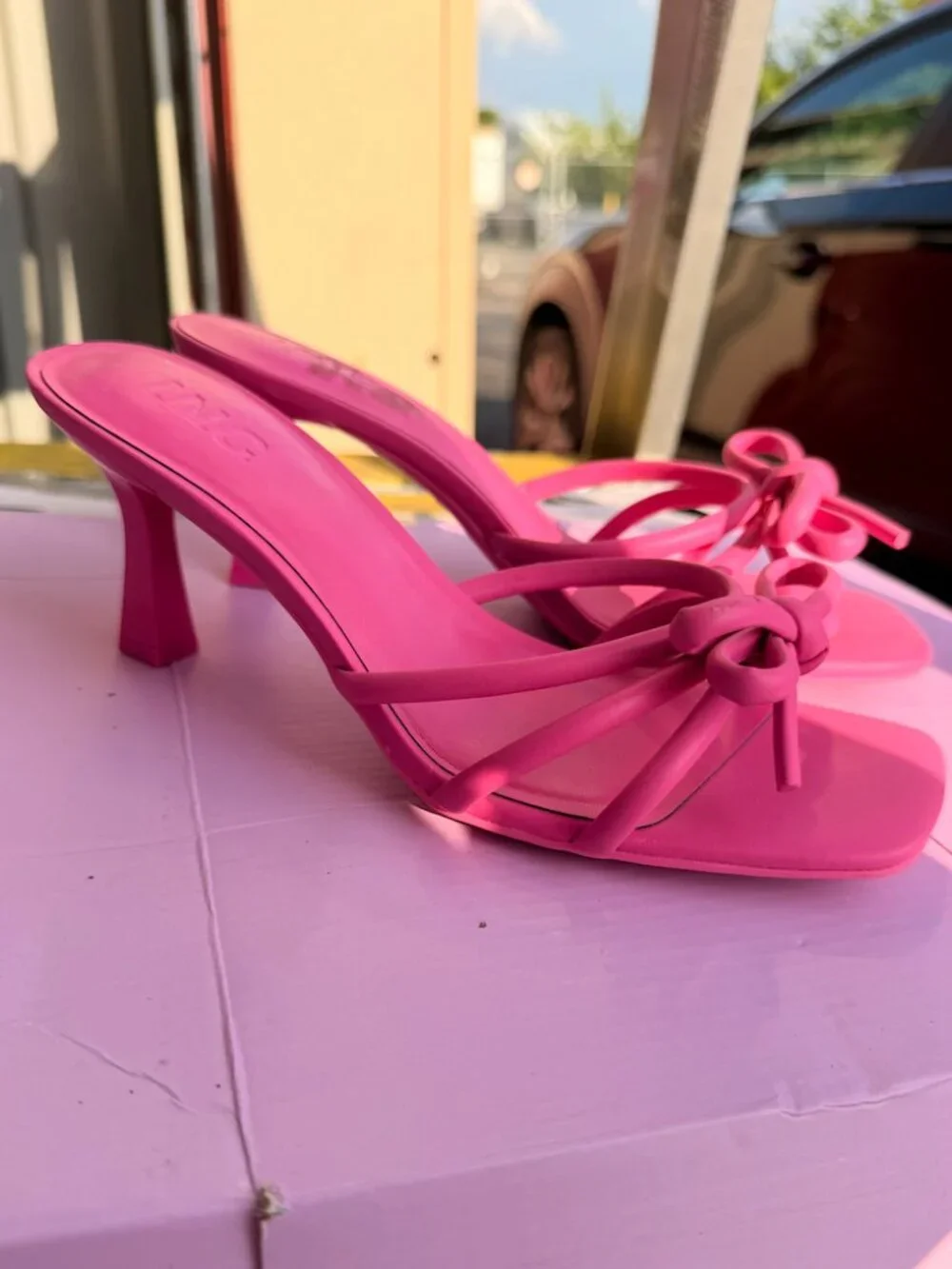 INC International Concepts Hot Pink Strappy Bow Mule Heels | Size 8.5